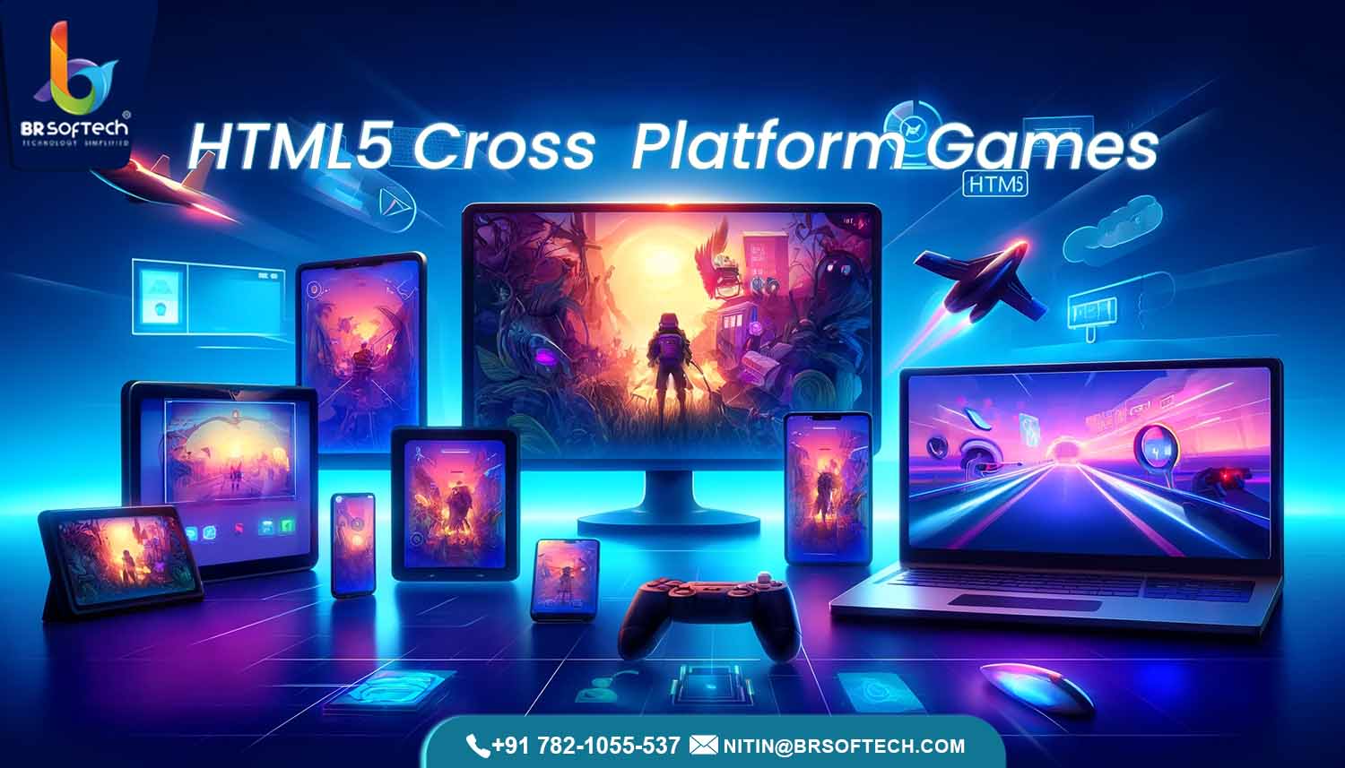 A variety of devices showing the same vibrant HTML5 game, emphasizing seamless play across smartphone, tablet, desktop, and smart TV.